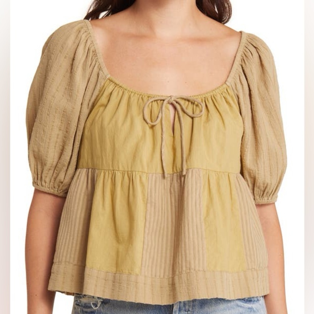 Treasure & Bond Olive green Patchwork Puff Sleeve Peplum Top